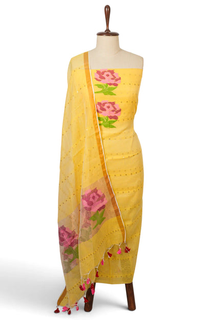 Dhakai Handspun Cotton Jamdani Yellow Salwar Suit Set W/O Bottom