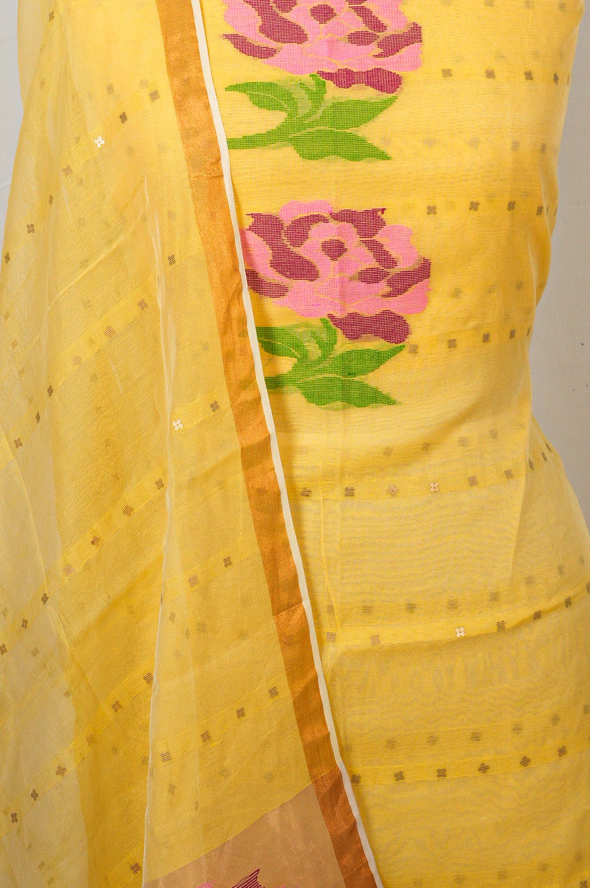 Dhakai Handspun Cotton Jamdani Yellow Salwar Suit Set W/O Bottom