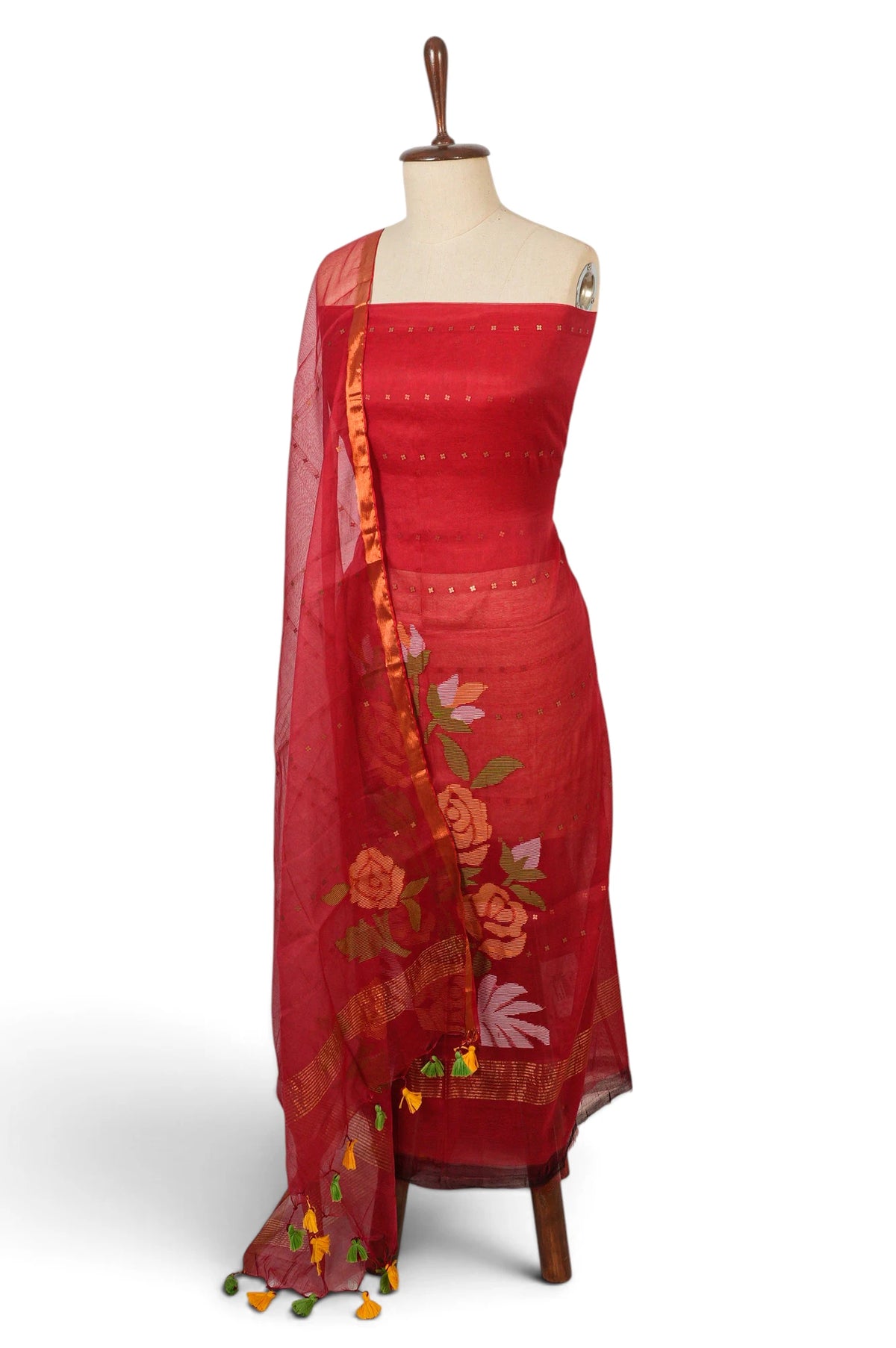 Dhakai Handspun Cotton Jamdani Red Salwar Suit Set W/O Bottom