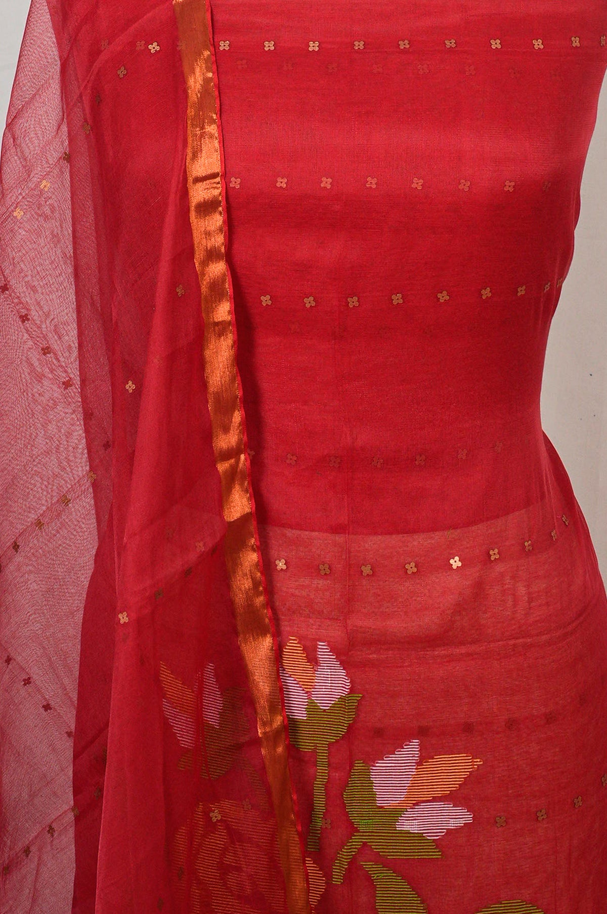 Dhakai Handspun Cotton Jamdani Red Salwar Suit Set W/O Bottom