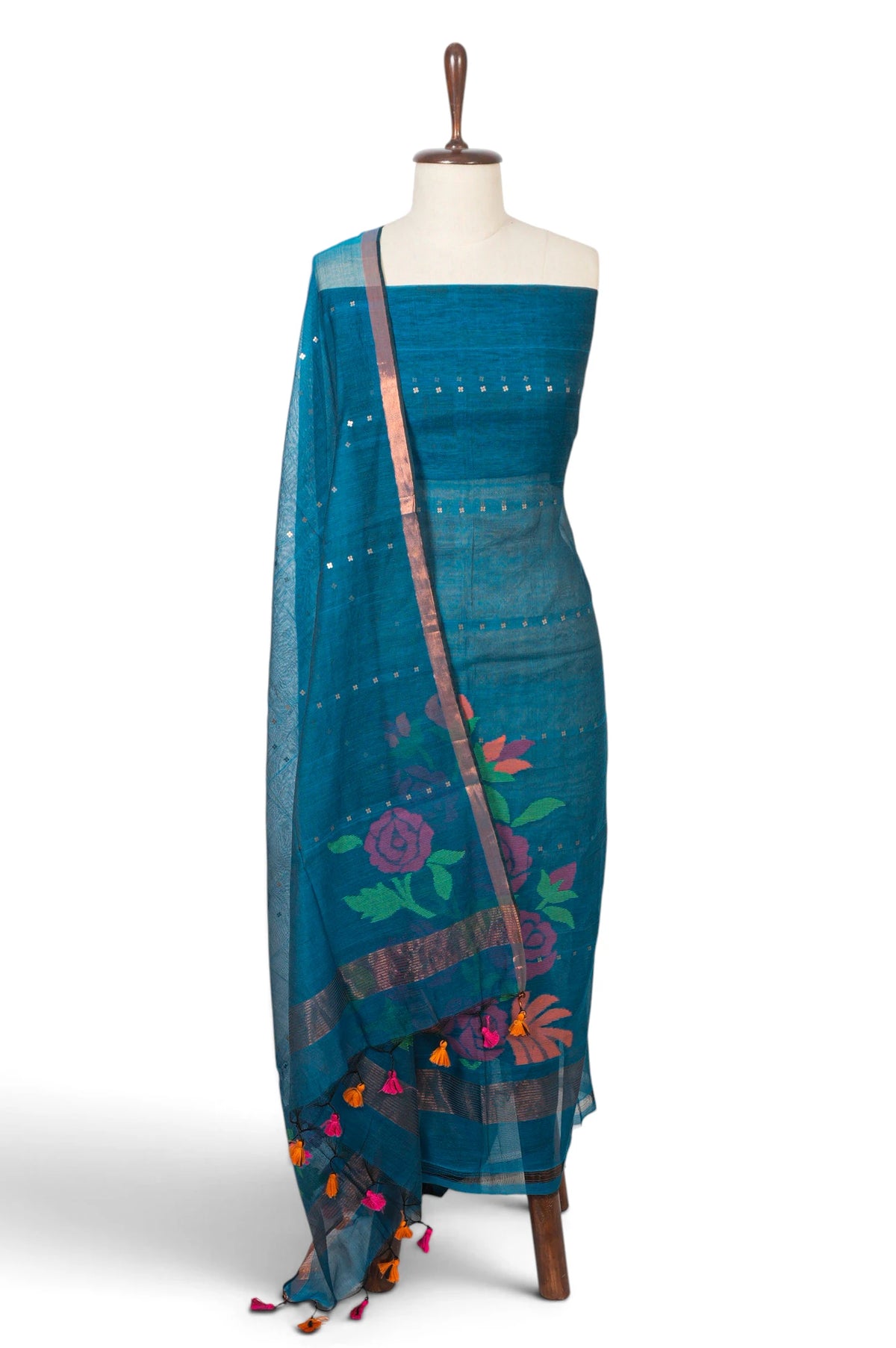 Dhakai Handspun Cotton Jamdani Teal Blue Salwar Suit Set W/O Bottom
