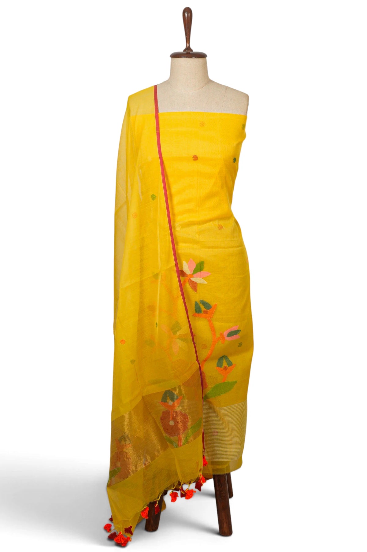 Dhakai Handspun Cotton Jamdani Yellow Salwar Suit Set W/O Bottom