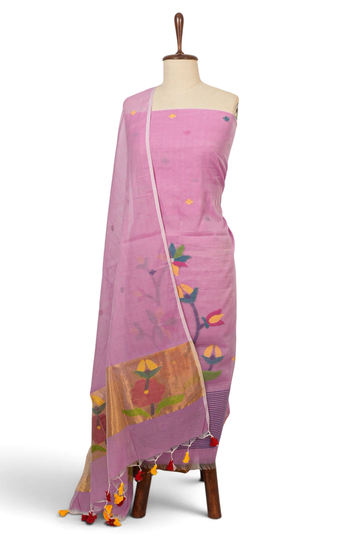 Dhakai Handspun Cotton Jamdani Baby Pink Salwar Suit Set W/O Bottom