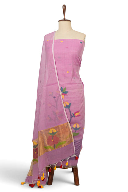 Dhakai Handspun Cotton Jamdani Baby Pink Salwar Suit Set W/O Bottom