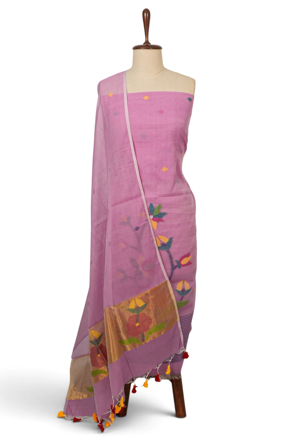 Dhakai Handspun Cotton Jamdani Baby Pink Salwar Suit Set W/O Bottom