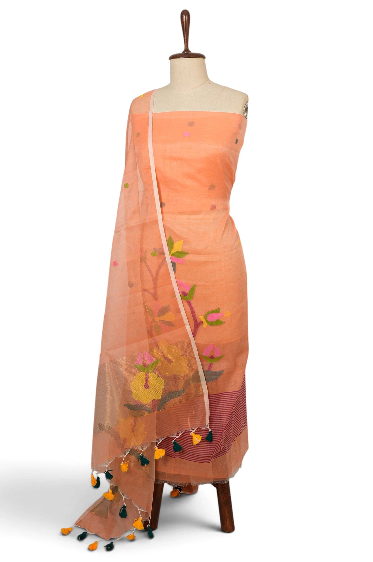 Dhakai Handspun Cotton Jamdani Pastel Orange Salwar Suit Set W/O Bottom