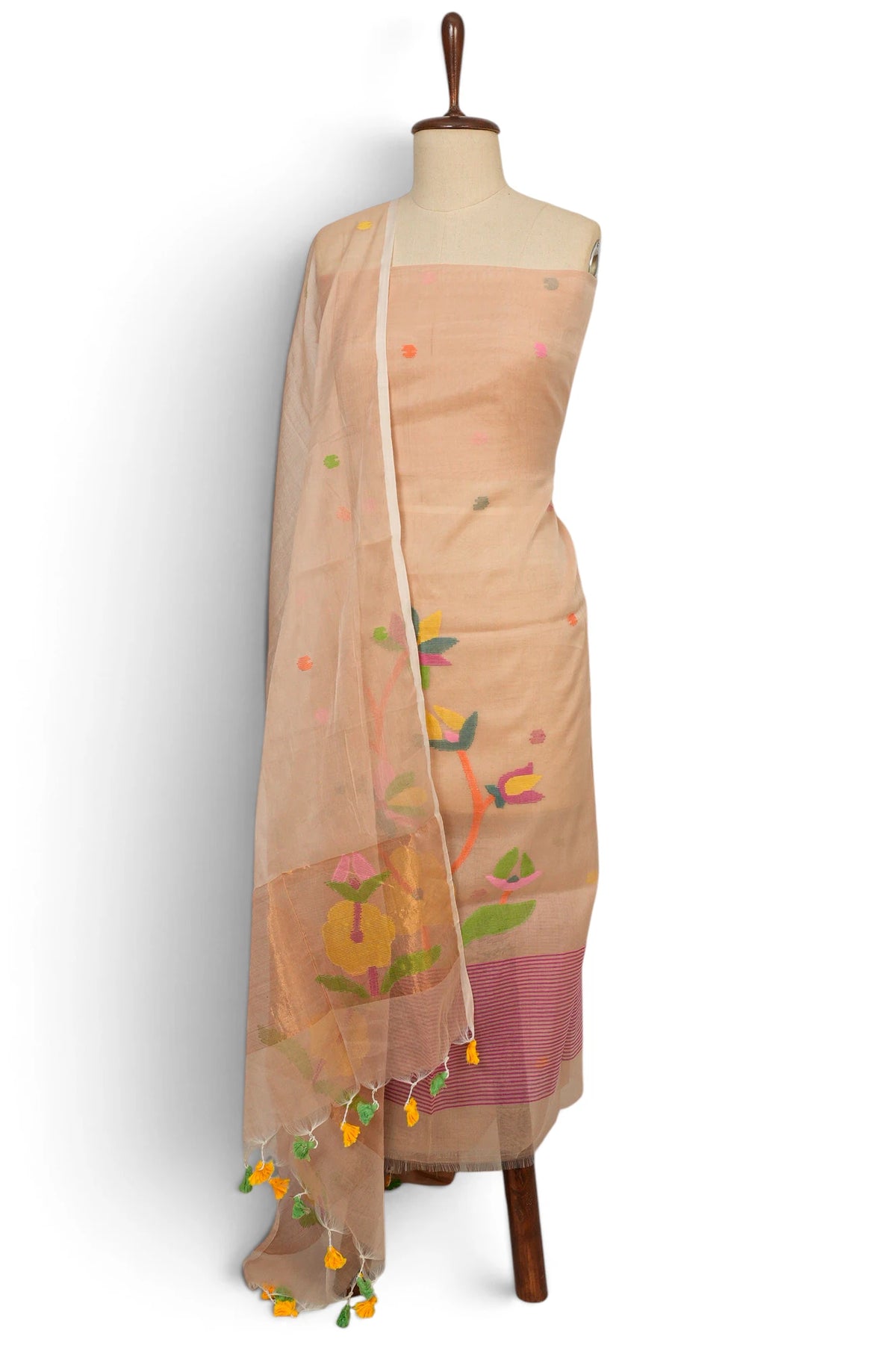 Dhakai Handspun Cotton Jamdani Peach Salwar Suit Set W/O Bottom