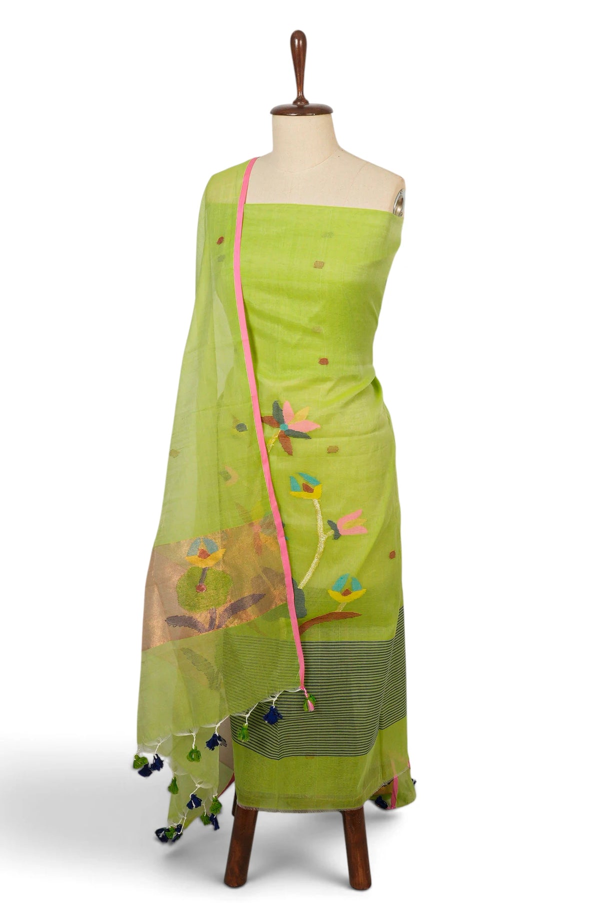 Dhakai Handspun Cotton Jamdani Green Salwar Suit Set W/O Bottom