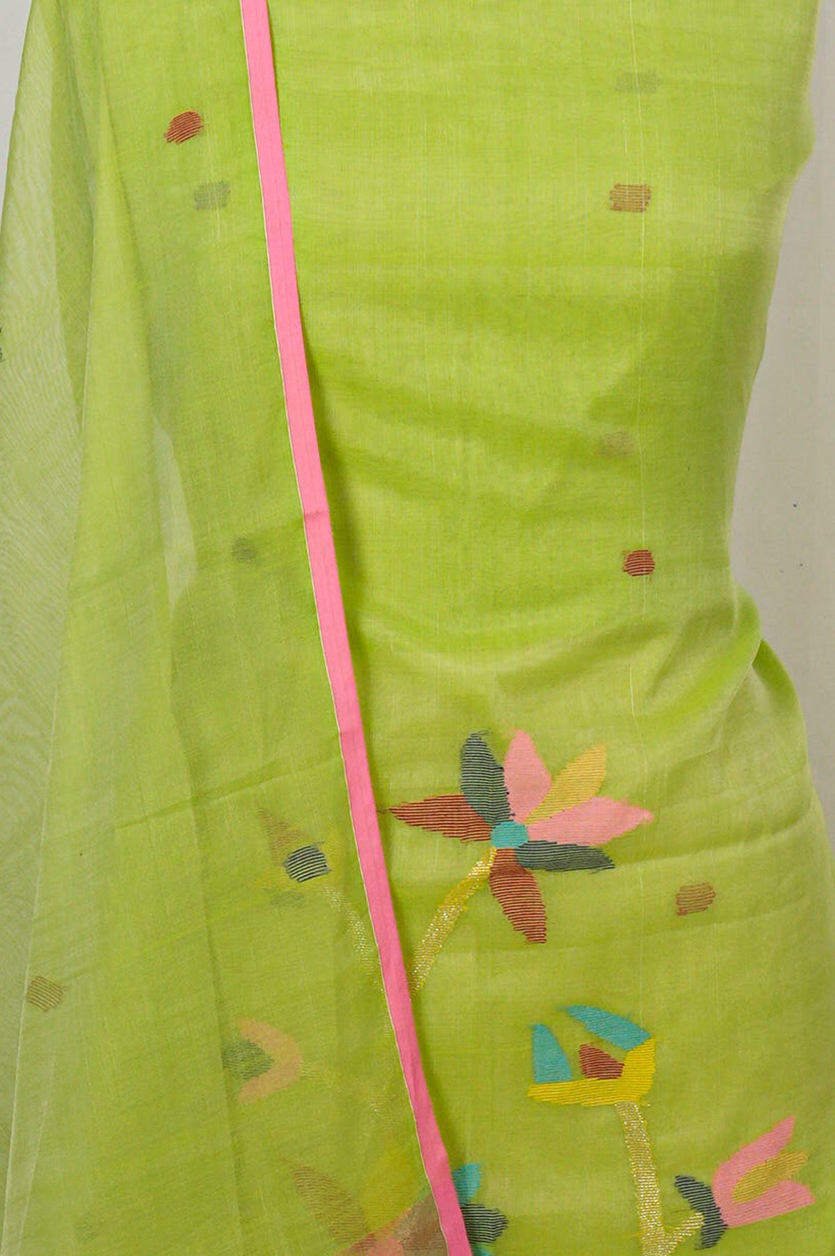 Dhakai Handspun Cotton Jamdani Green Salwar Suit Set W/O Bottom