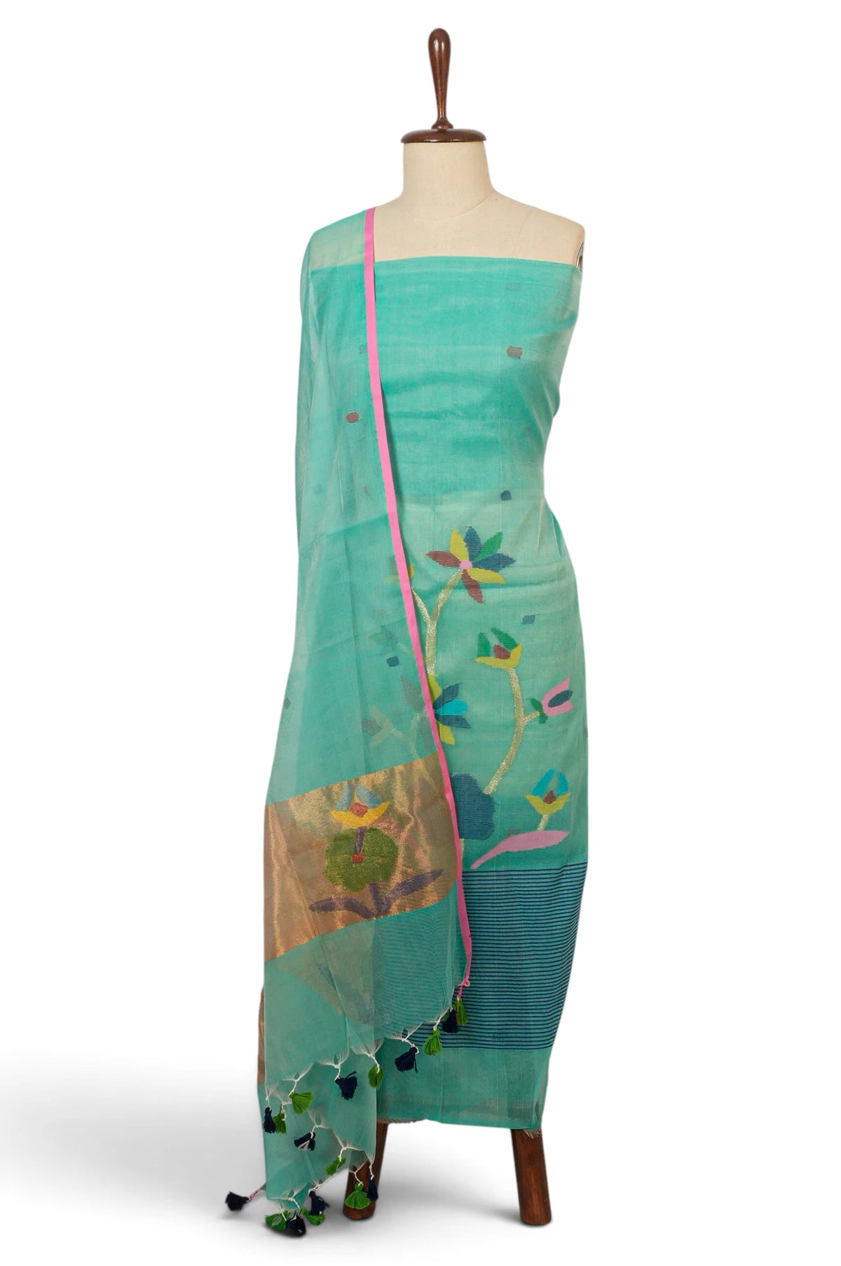 Dhakai Handspun Cotton Jamdani Sea Green Salwar Suit Set W/O Bottom