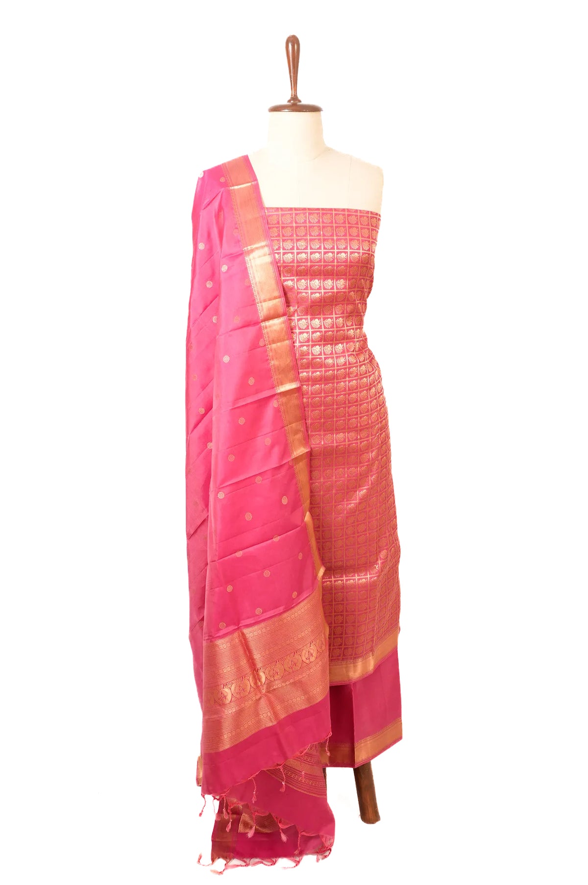 Kanchipuram Silk Checks And Butta Pink Salwar Suit Set