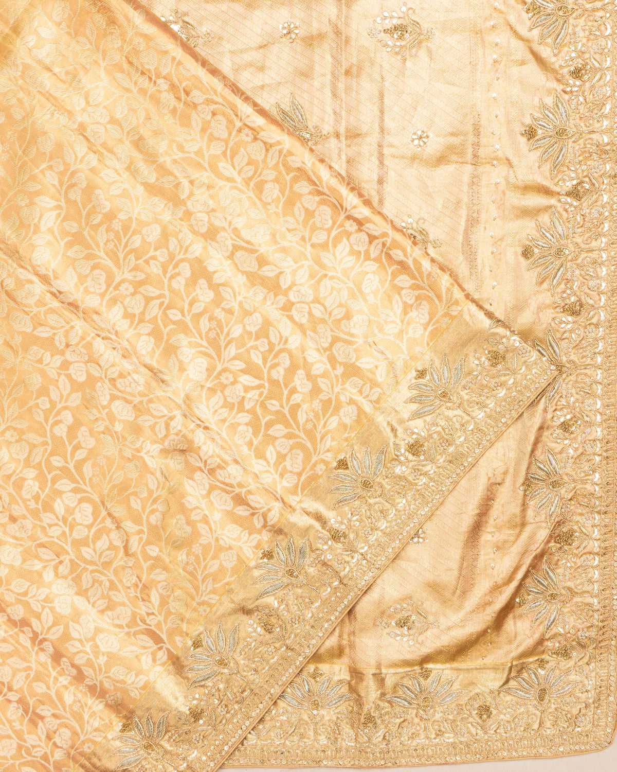 Kanchipuram Silk Tissue Jaal Gold Saree With Zardosi Work