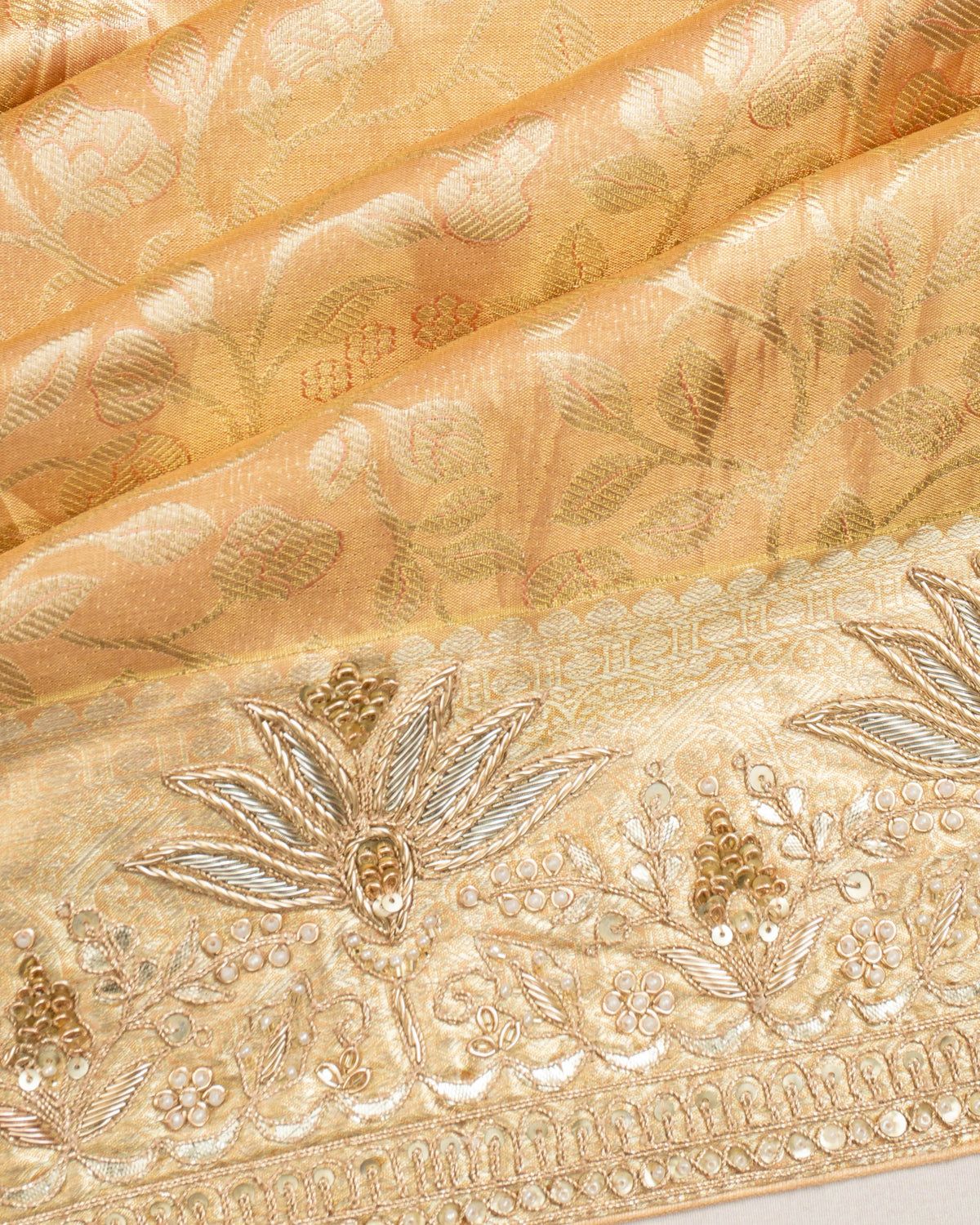Kanchipuram Silk Tissue Jaal Gold Saree With Zardosi Work