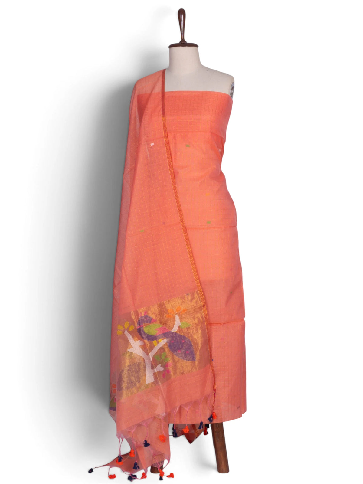 Phulia Cotton Checks And Jamdani Butta Peach Salwar Suit Set W/O Bottom