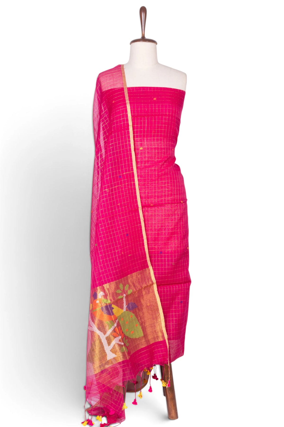 Phulia Cotton Checks And Jamdani Butta Rani Pink Salwar Suit Set W/O Bottom