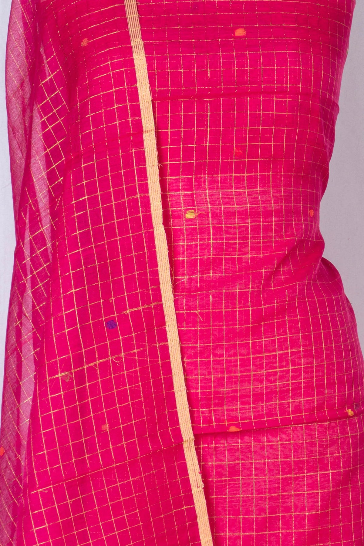 Phulia Cotton Checks And Jamdani Butta Rani Pink Salwar Suit Set W/O Bottom