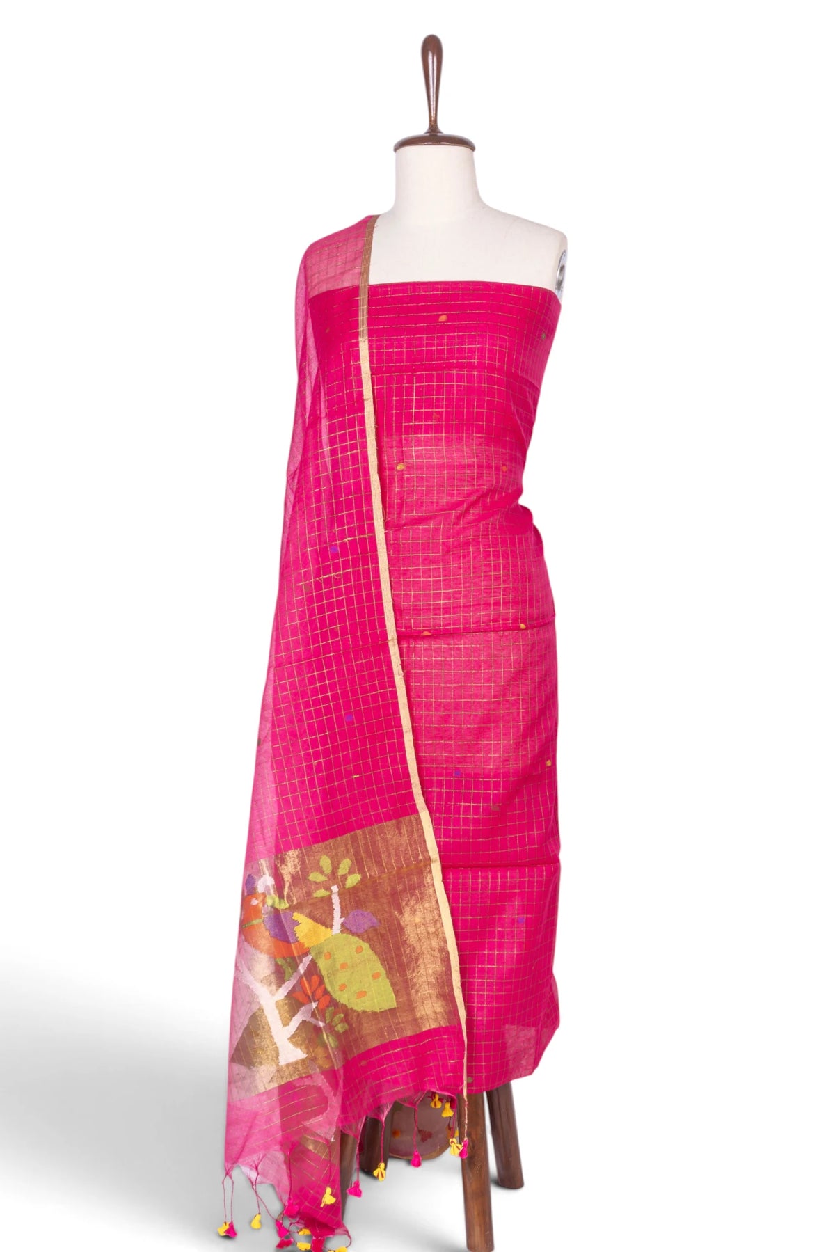 Phulia Cotton Checks And Jamdani Butta Rani Pink Salwar Suit Set W/O Bottom