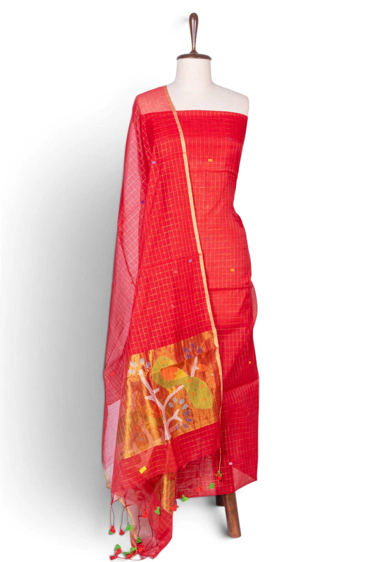 Phulia Cotton Checks And Jamdani Butta Red Salwar Suit Set W/O Bottom