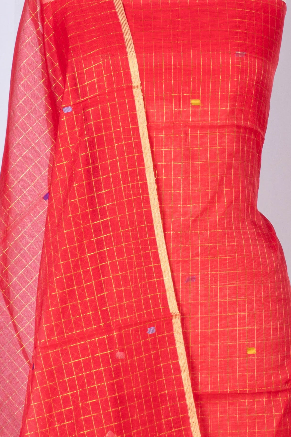 Phulia Cotton Checks And Jamdani Butta Red Salwar Suit Set W/O Bottom