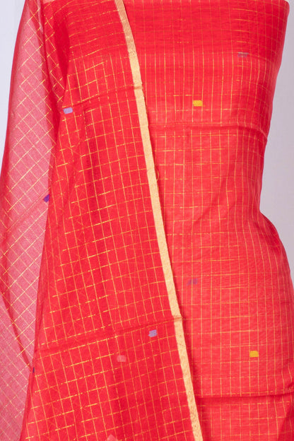 Phulia Cotton Checks And Jamdani Butta Red Salwar Suit Set W/O Bottom
