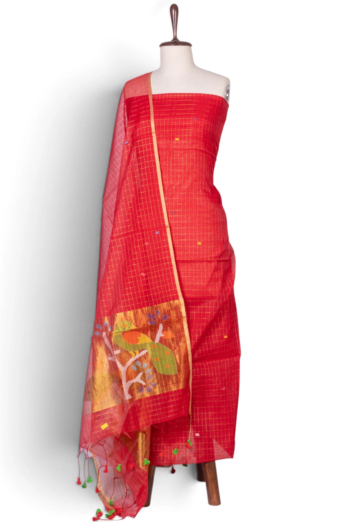 Phulia Cotton Checks And Jamdani Butta Red Salwar Suit Set W/O Bottom