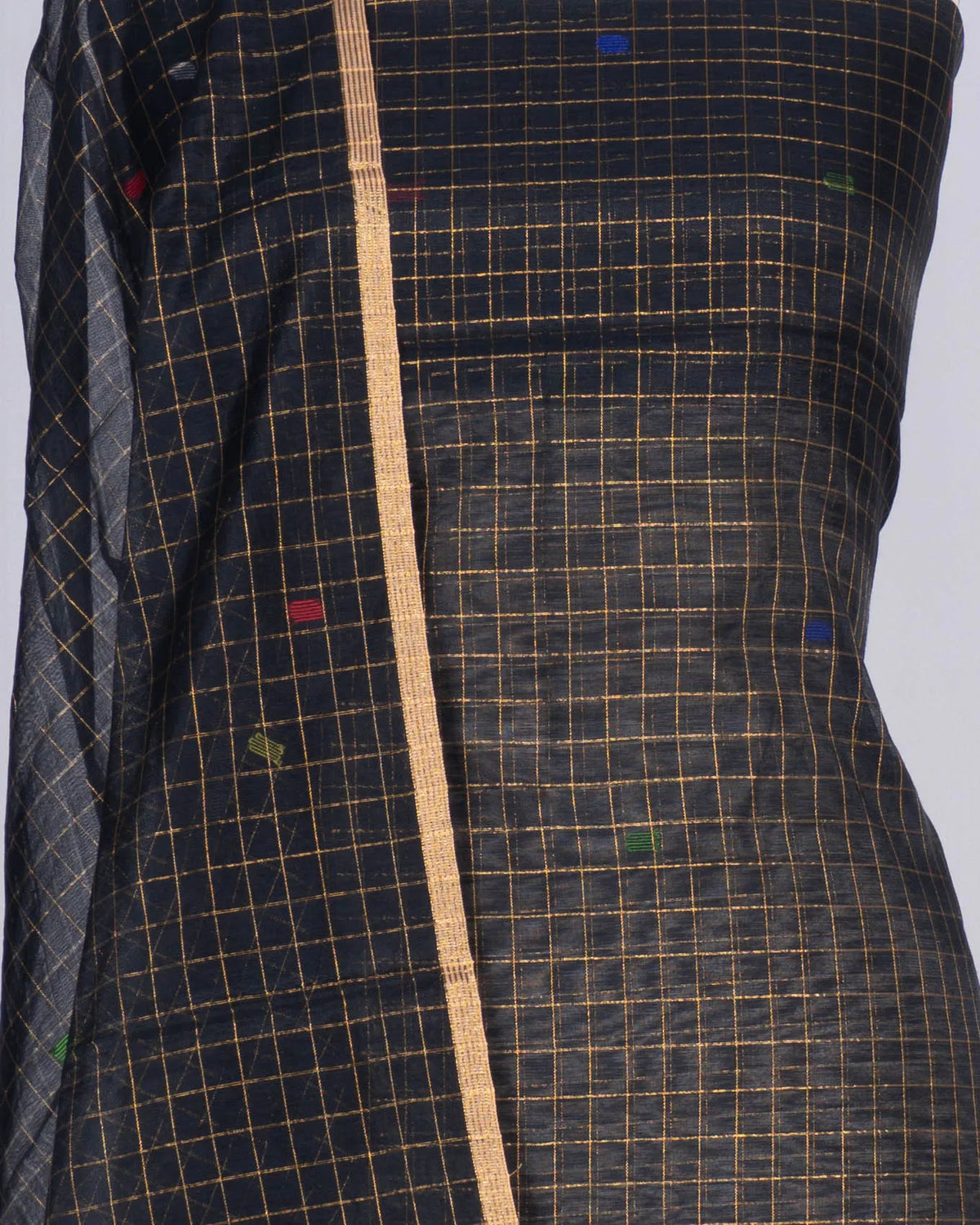 Phulia Cotton Checks And Jamdani Butta Black Salwar Suit Set W/O Bottom