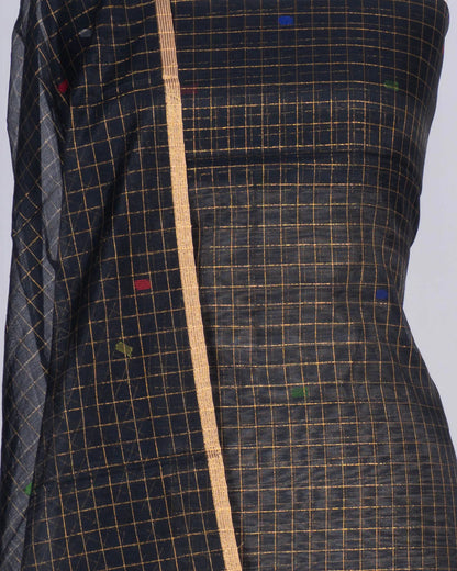 Phulia Cotton Checks And Jamdani Butta Black Salwar Suit Set W/O Bottom