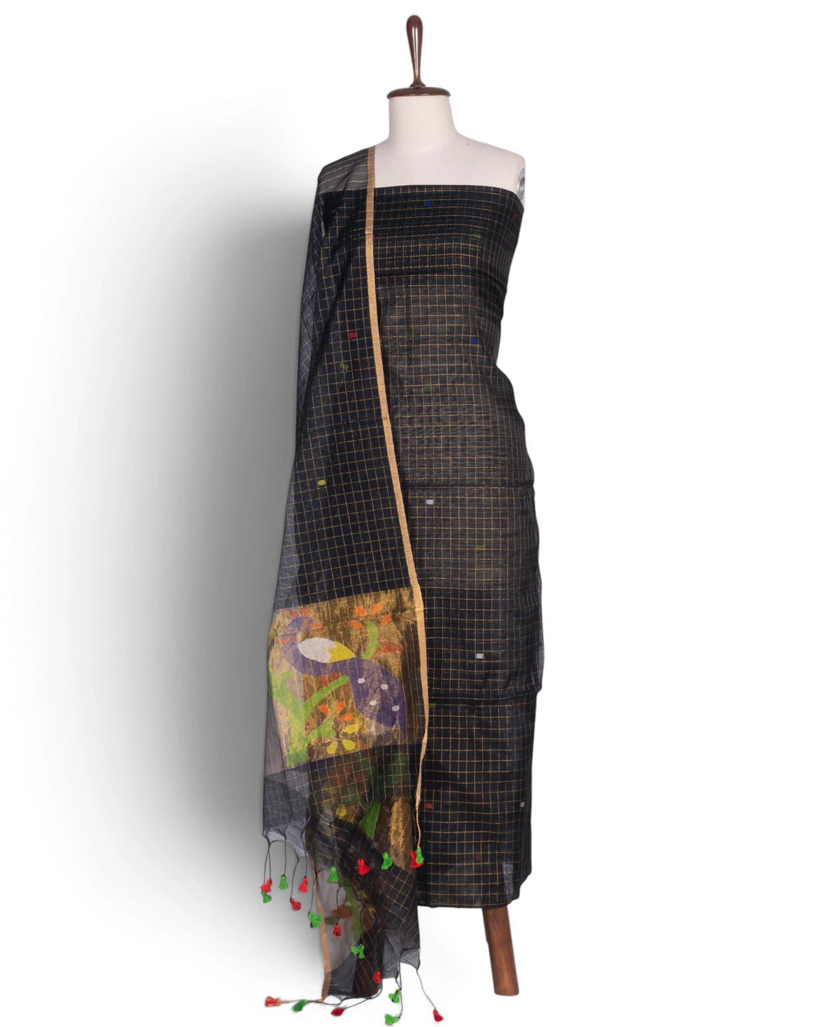 Phulia Cotton Checks And Jamdani Butta Black Salwar Suit Set W/O Bottom