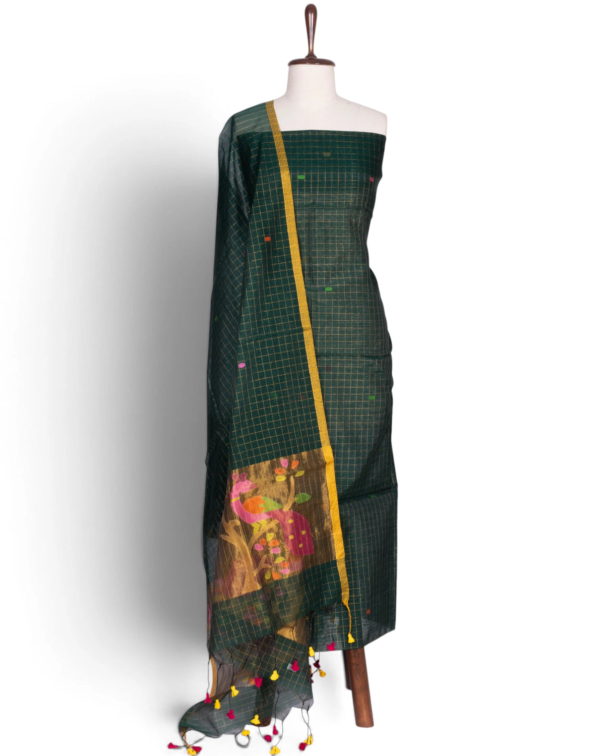 Phulia Cotton Checks And Jamdani Butta Dark Green Salwar Suit Set W/O Bottom
