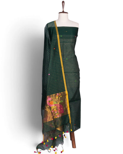 Phulia Cotton Checks And Jamdani Butta Dark Green Salwar Suit Set W/O Bottom