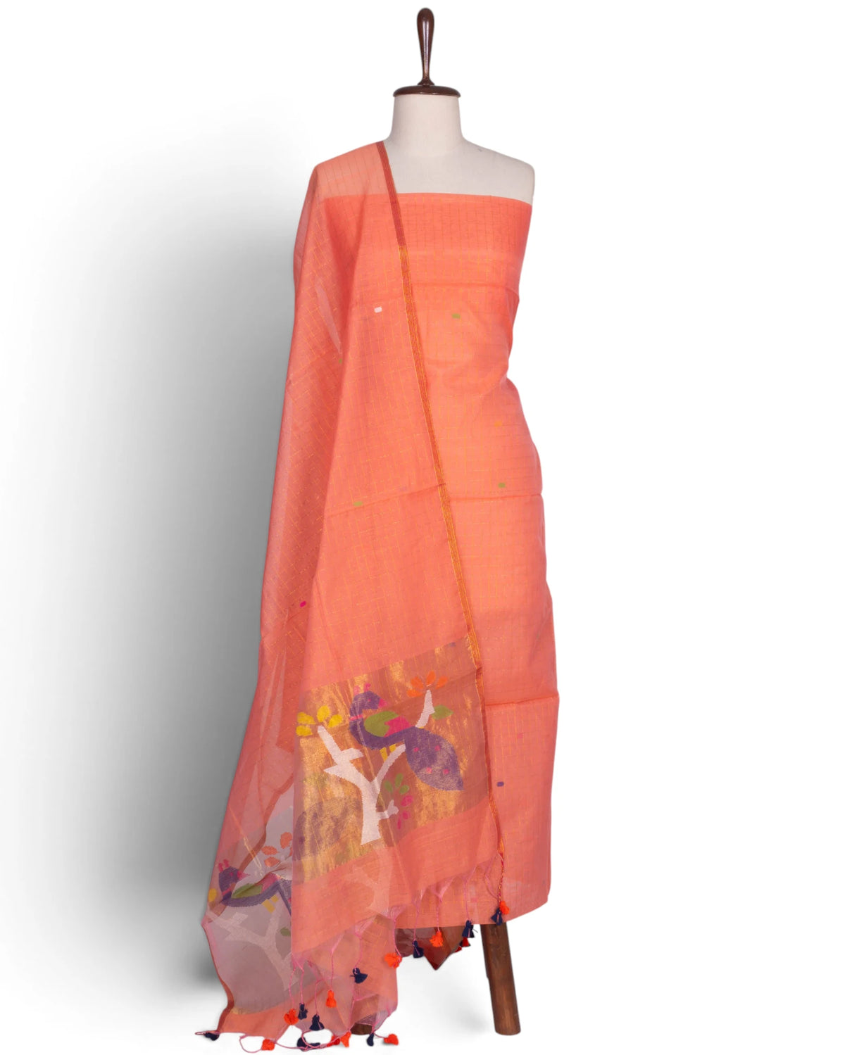Phulia Cotton Checks And Jamdani Butta Peach Salwar Suit Set W/O Bottom
