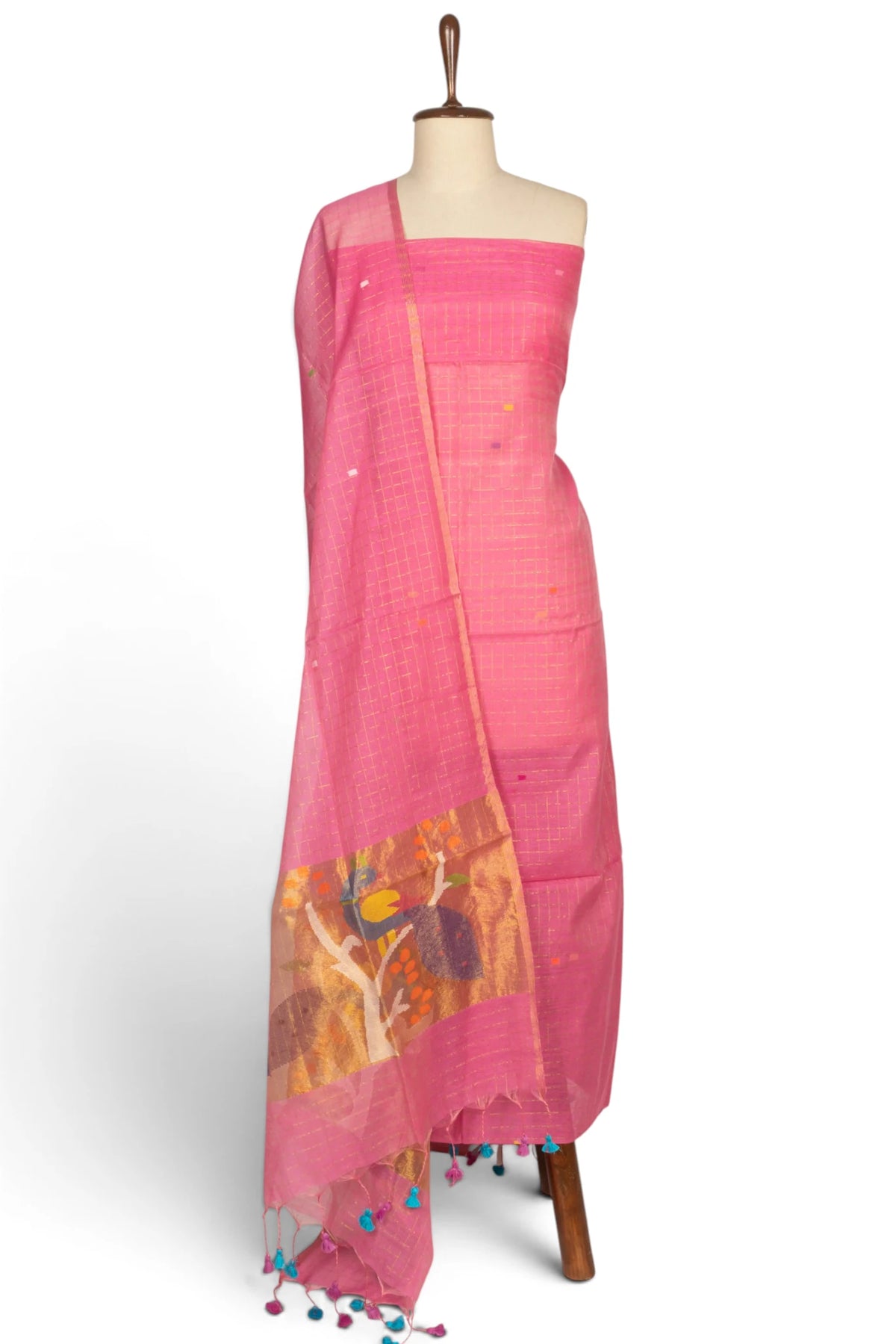 Phulia Cotton Checks And Jamdani Butta Baby Pink Salwar Suit Set W/O Bottom