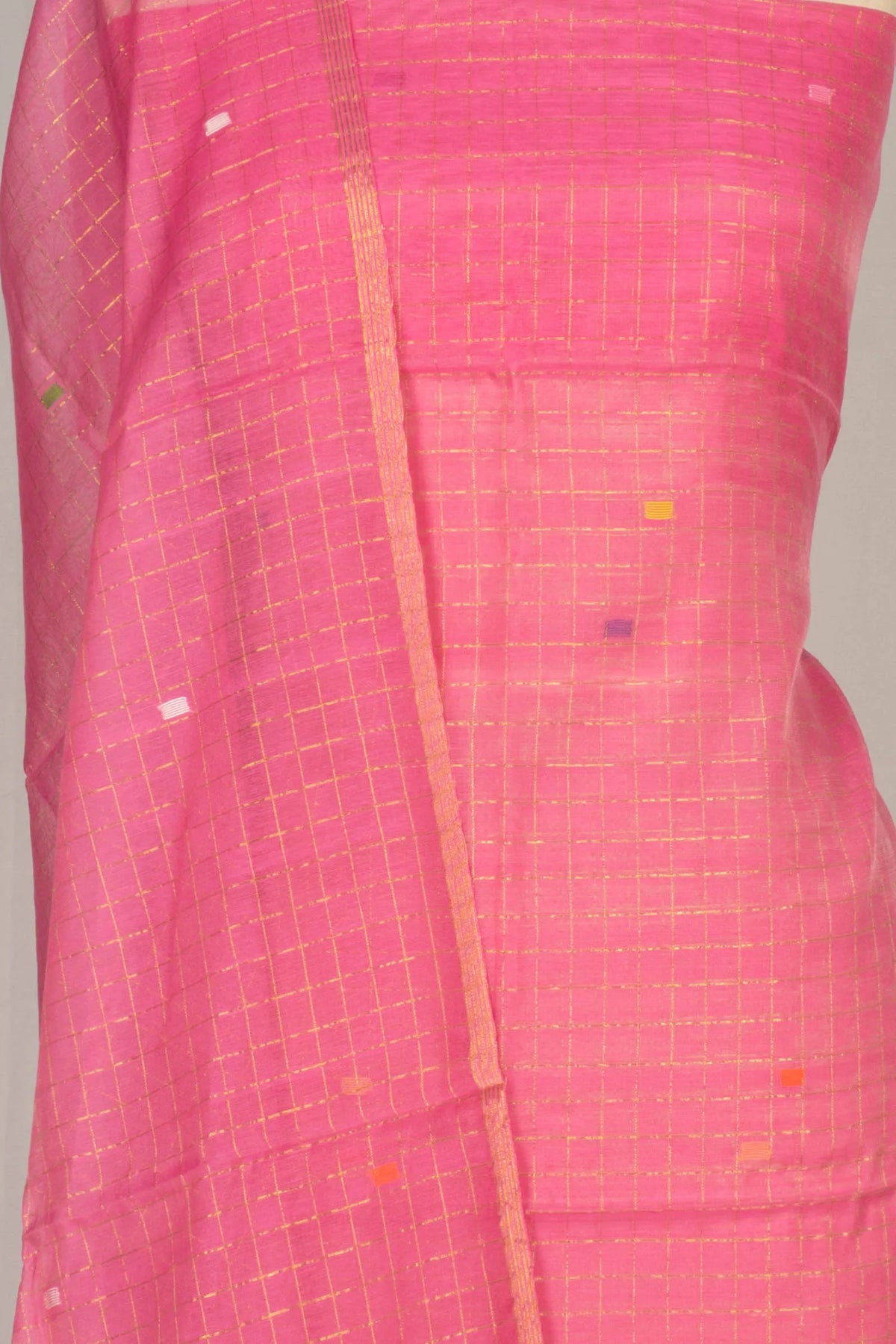 Phulia Cotton Checks And Jamdani Butta Baby Pink Salwar Suit Set W/O Bottom