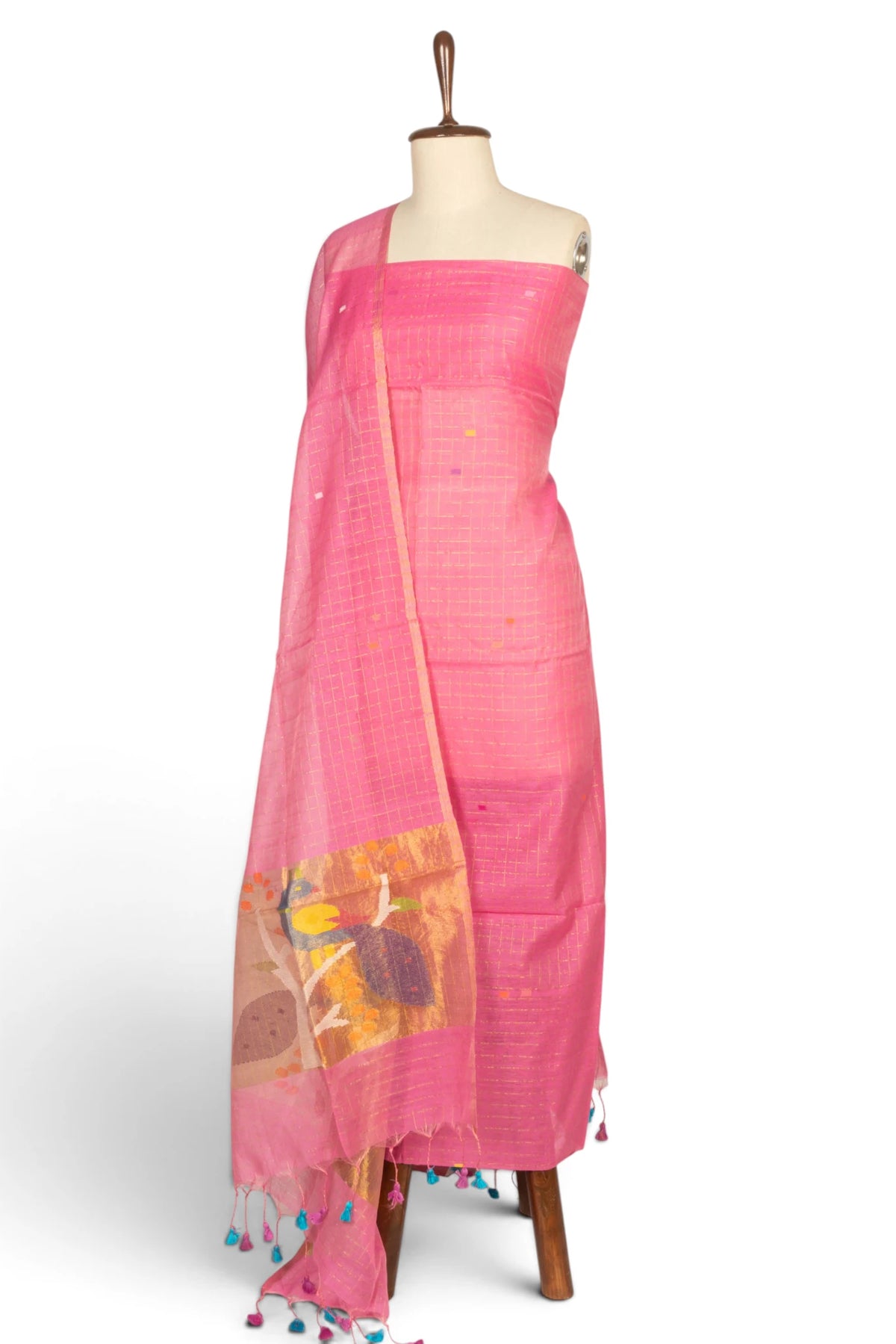 Phulia Cotton Checks And Jamdani Butta Baby Pink Salwar Suit Set W/O Bottom