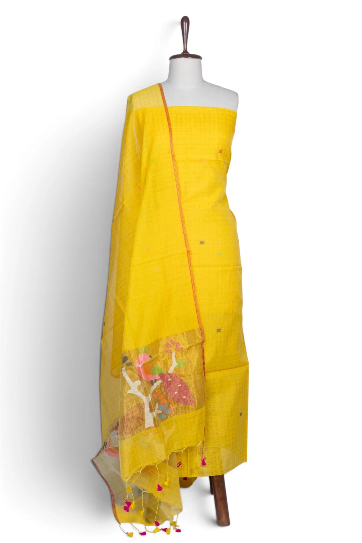 Phulia Cotton Checks And Jamdani Butta Yellow Salwar Suit Set W/O Bottom