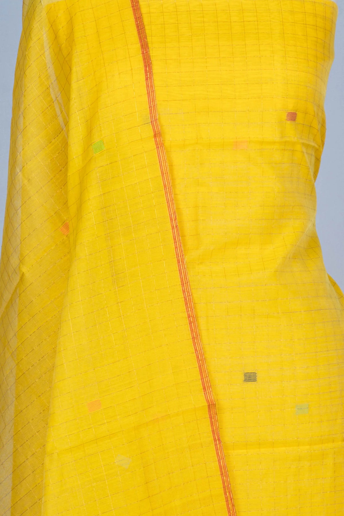 Phulia Cotton Checks And Jamdani Butta Yellow Salwar Suit Set W/O Bottom