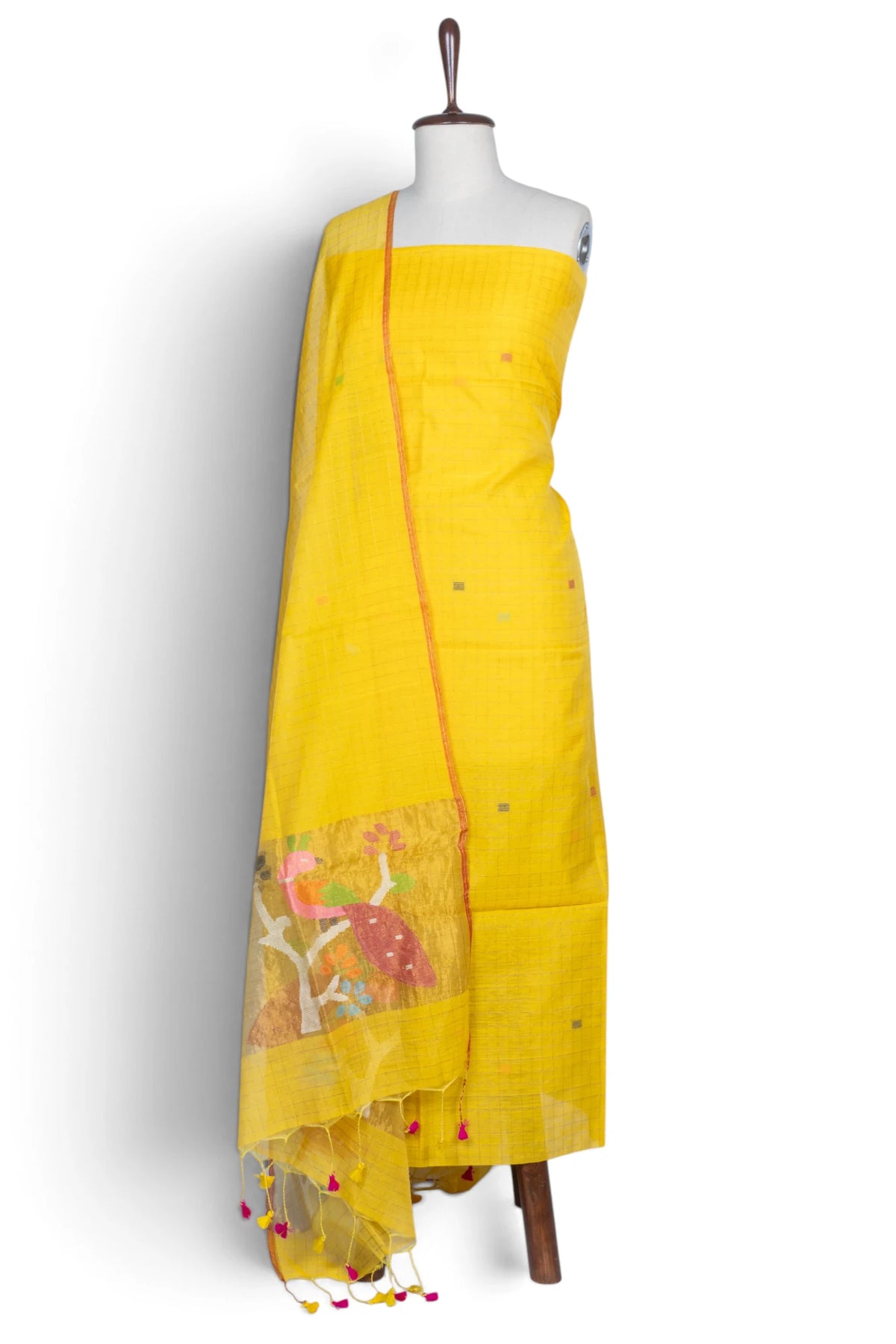 Phulia Cotton Checks And Jamdani Butta Yellow Salwar Suit Set W/O Bottom