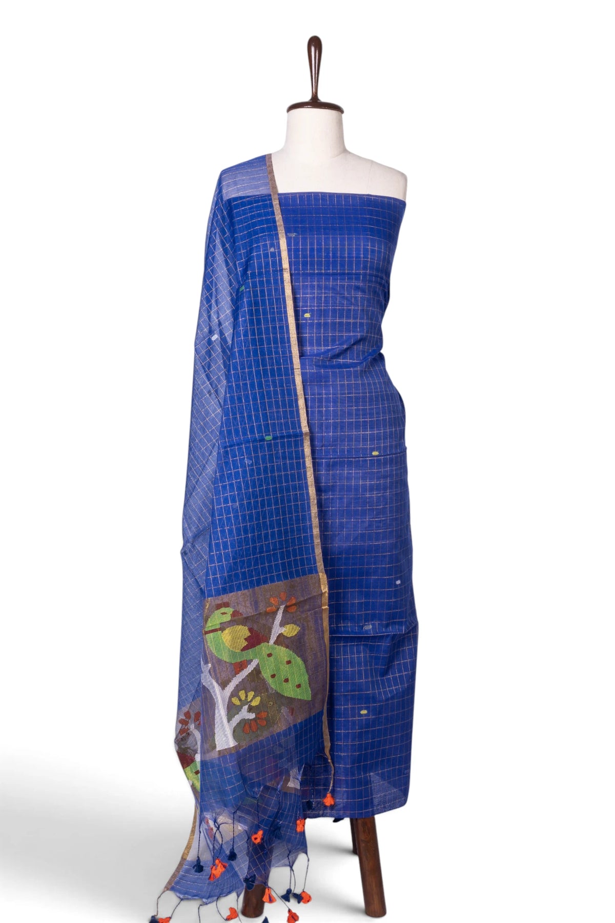 Phulia Cotton Checks And Jamdani Butta Dark Blue Salwar Suit Set W/O Bottom