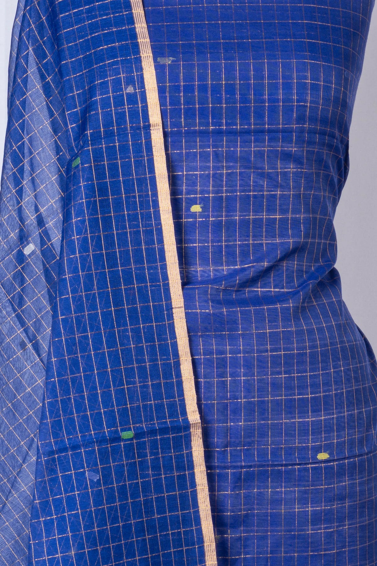Phulia Cotton Checks And Jamdani Butta Dark Blue Salwar Suit Set W/O Bottom