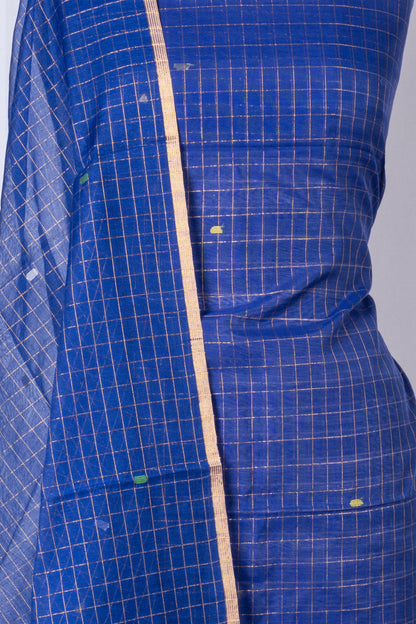 Phulia Cotton Checks And Jamdani Butta Dark Blue Salwar Suit Set W/O Bottom