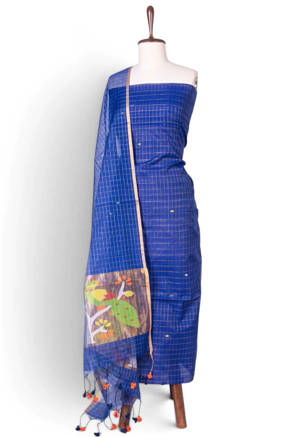 Phulia Cotton Checks And Jamdani Butta Dark Blue Salwar Suit Set W/O Bottom