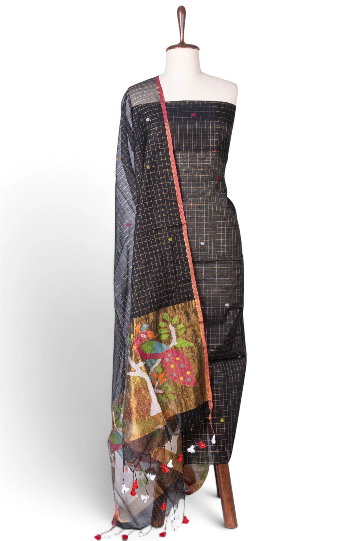 Phulia Cotton Checks And Jamdani Butta Black Salwar Suit Set W/O Bottom