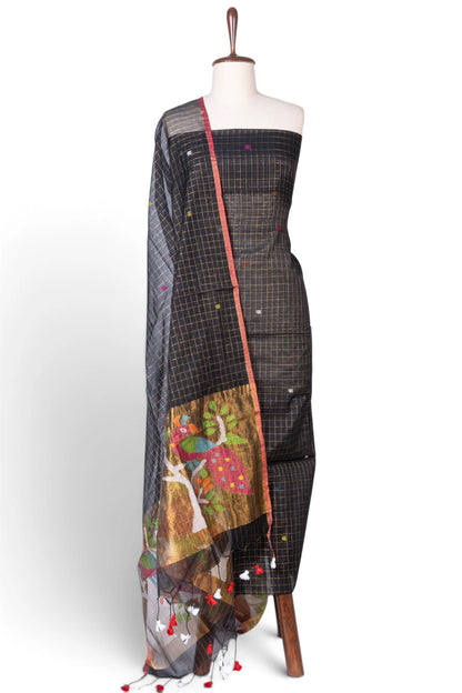 Phulia Cotton Checks And Jamdani Butta Black Salwar Suit Set W/O Bottom