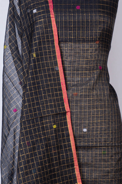 Phulia Cotton Checks And Jamdani Butta Black Salwar Suit Set W/O Bottom