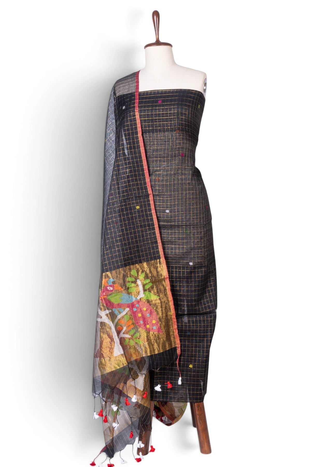 Phulia Cotton Checks And Jamdani Butta Black Salwar Suit Set W/O Bottom