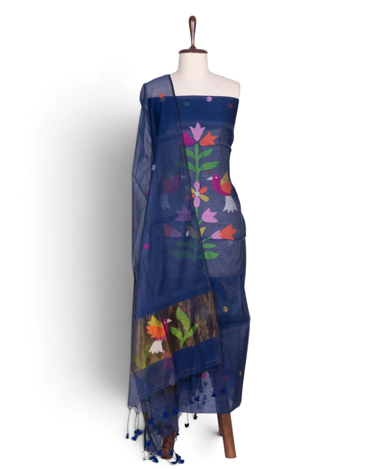 Phulia Cotton Jamdani Butta Dark Blue Salwar Suit Set W/O Bottom