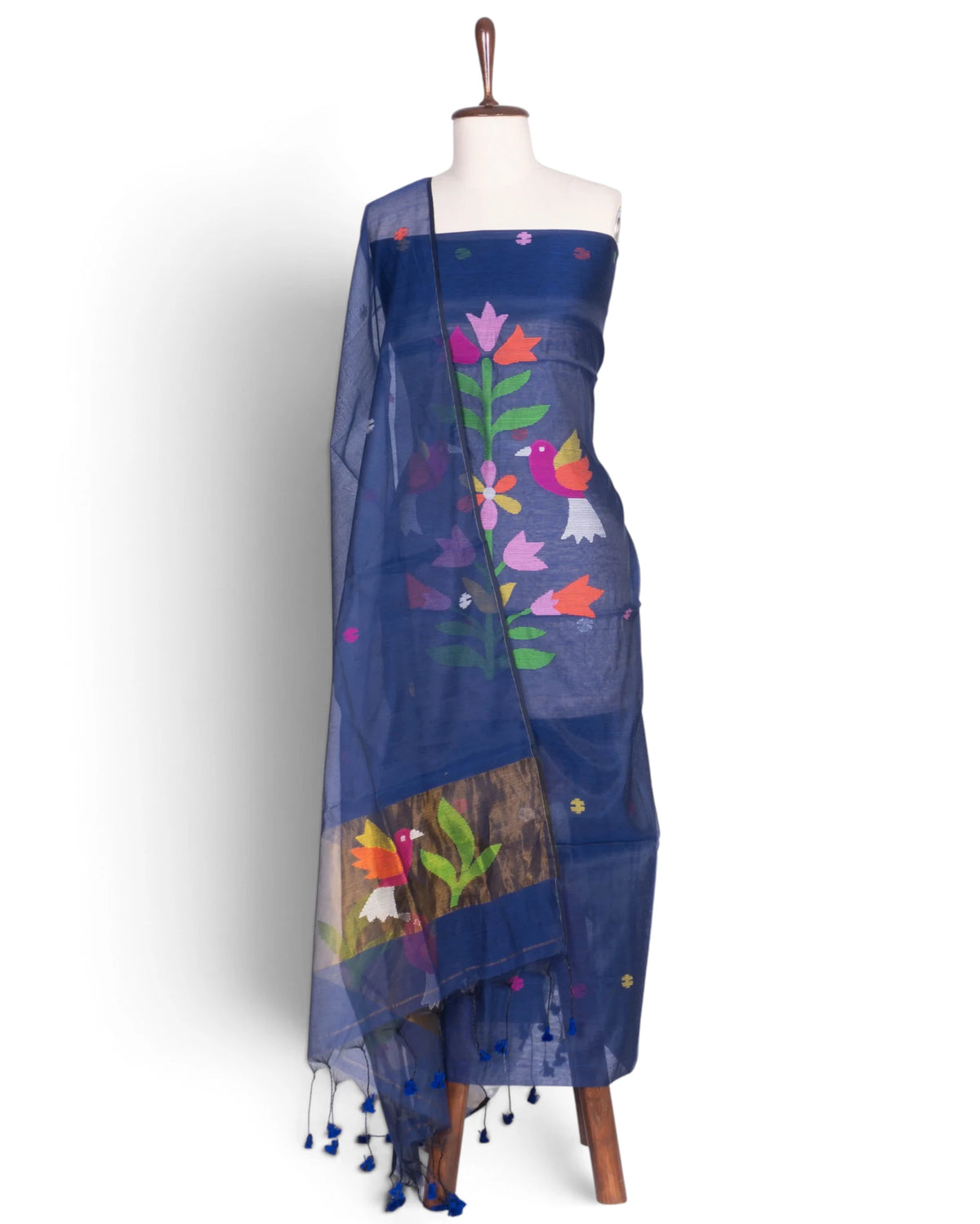 Phulia Cotton Jamdani Butta Dark Blue Salwar Suit Set W/O Bottom