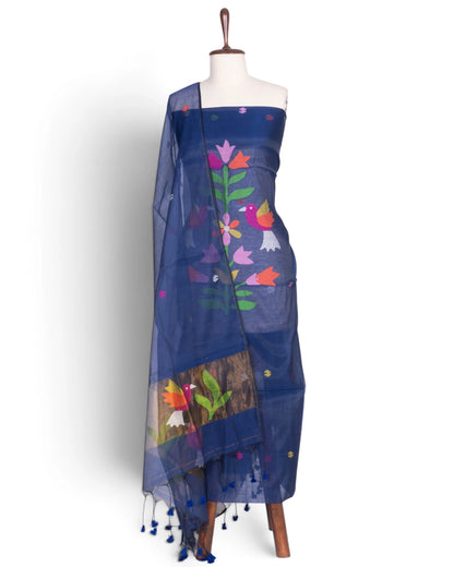 Phulia Cotton Jamdani Butta Dark Blue Salwar Suit Set W/O Bottom