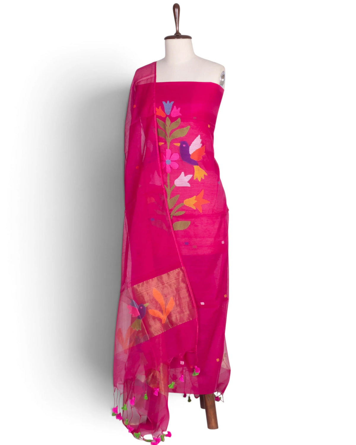 Phulia Cotton Jamdani Rani Pink Salwar Suit Set W/O Bottom