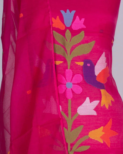 Phulia Cotton Jamdani Rani Pink Salwar Suit Set W/O Bottom